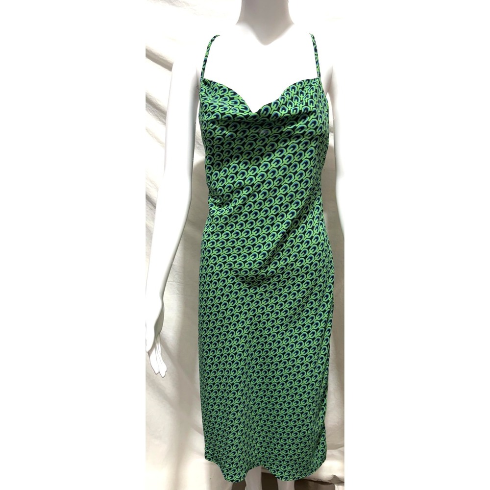 Aakaa Women's Medium Green & Blue Spaghetti Strap Cowl Neck‎ Silky Midi Dress